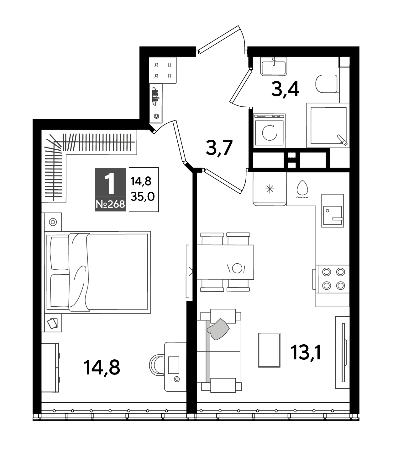 Планировка: 1-комн. квартира 35 м²