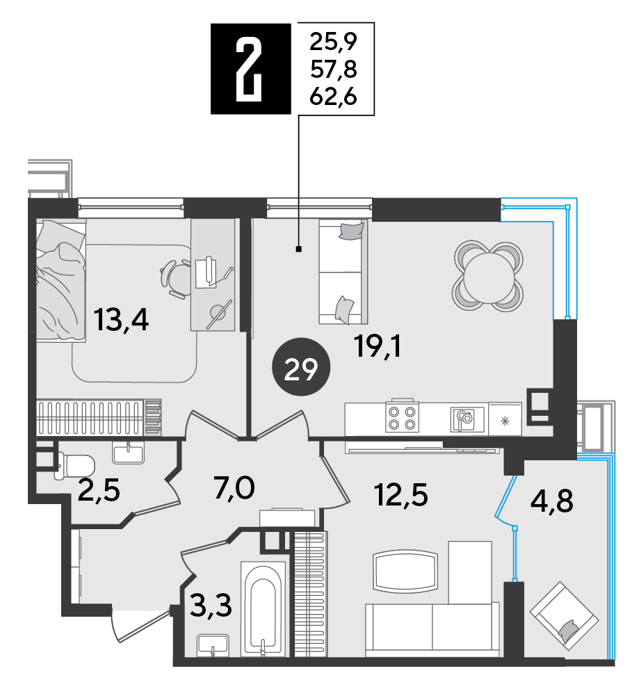 Планировка: 2-комн. квартира 62,6 м²