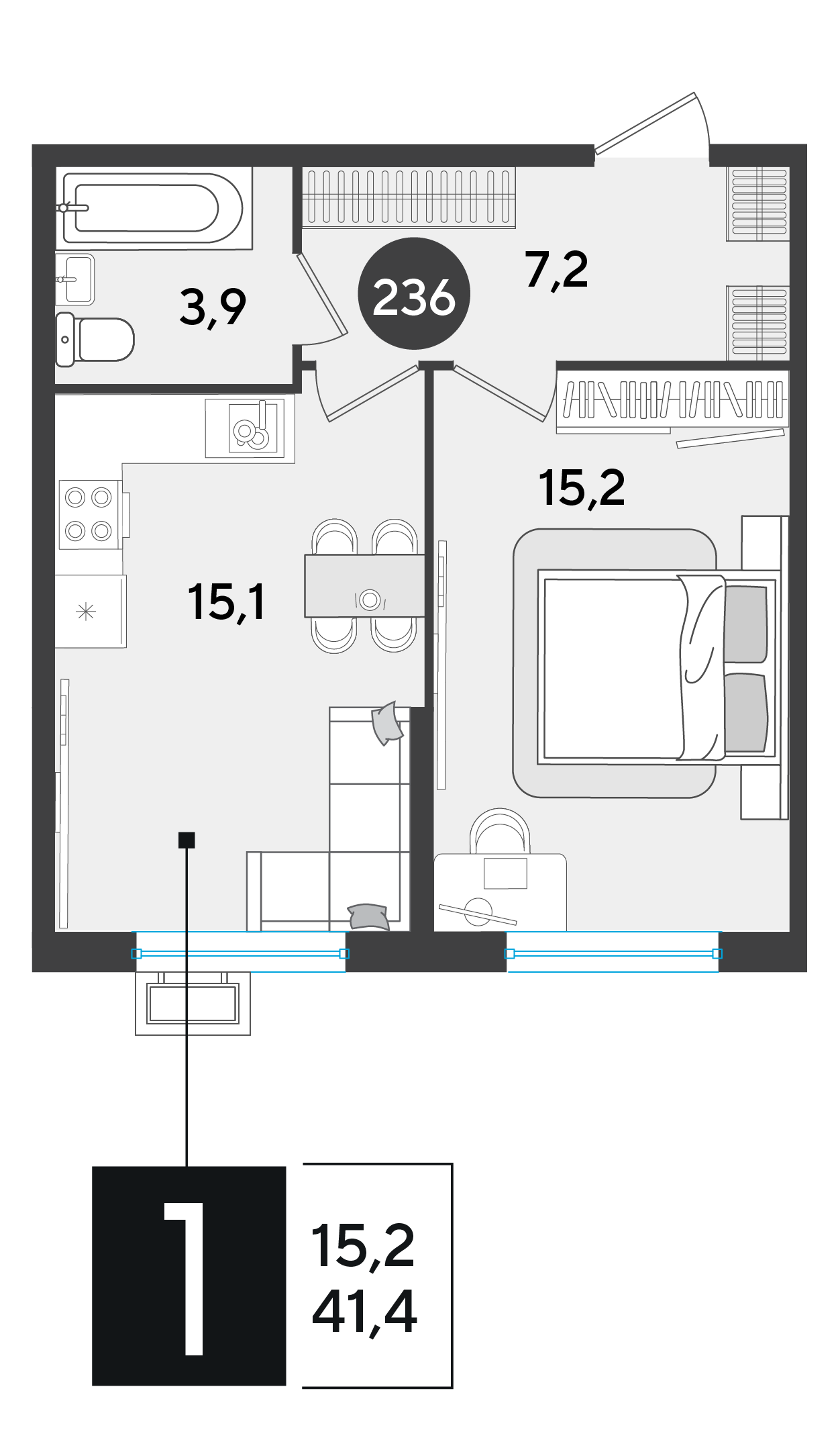 Планировка: 1-комн. квартира 41,4 м²