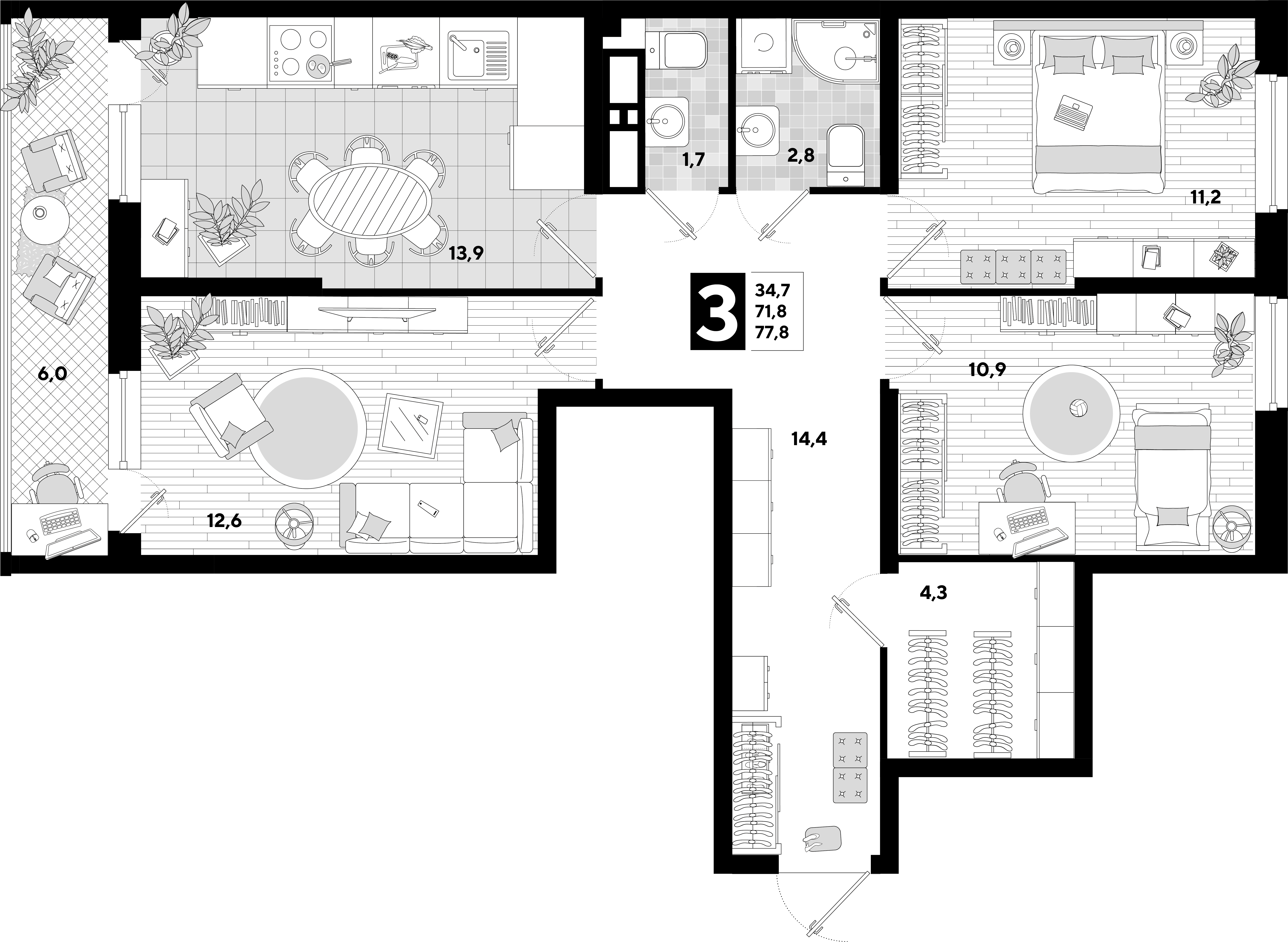 Планировка 3-комнатная 77,8 м²