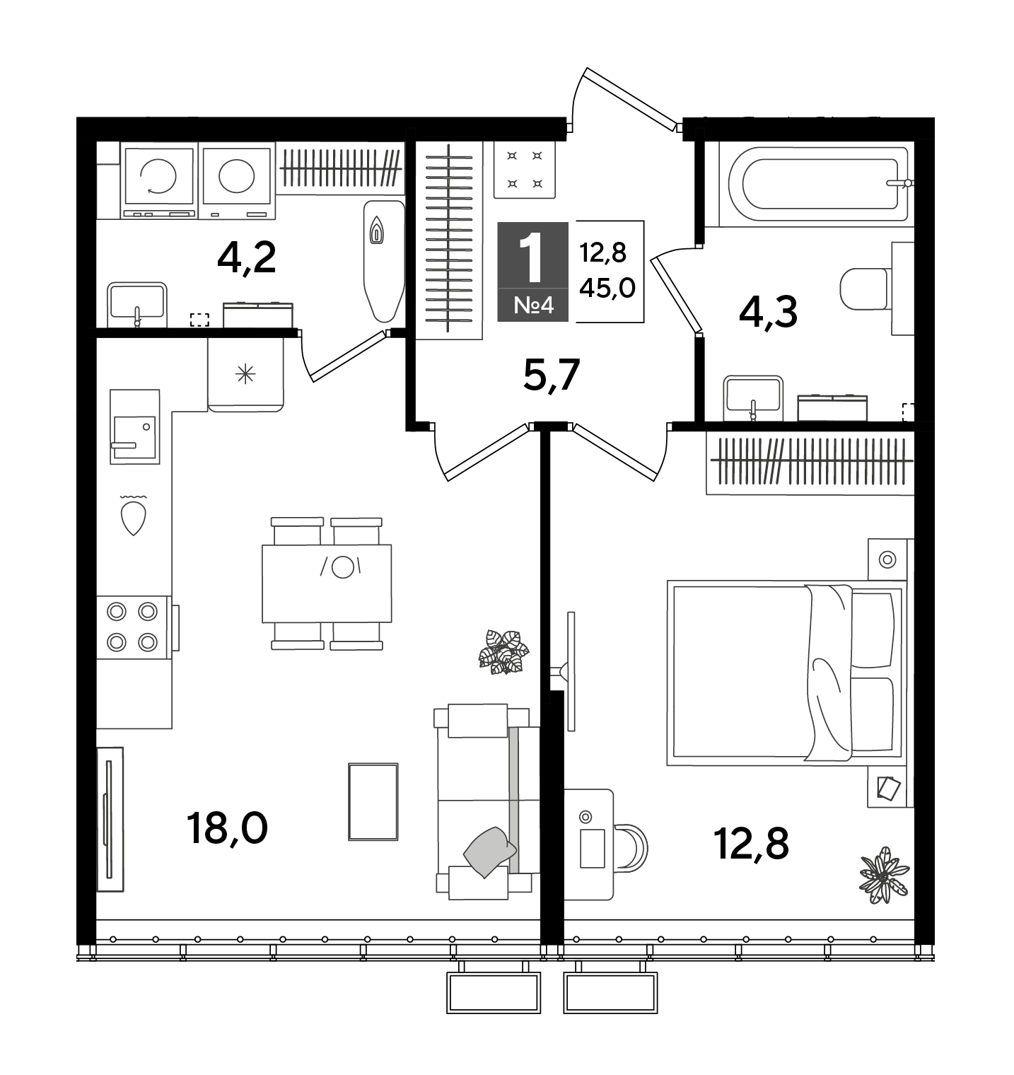 Планировка: 1-комн. квартира 45 м²
