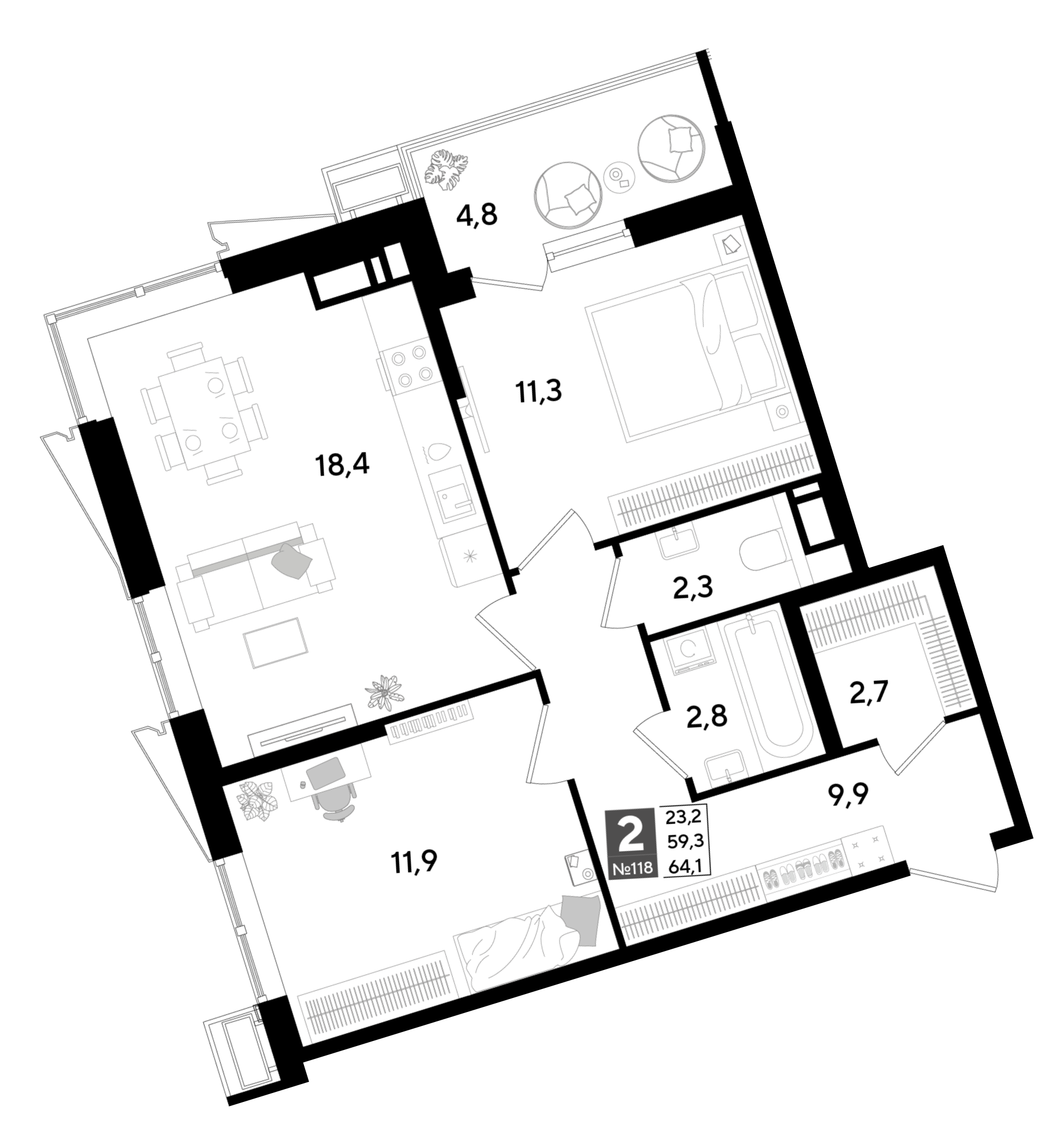 Планировка: 2-комн. квартира 64,9 м²