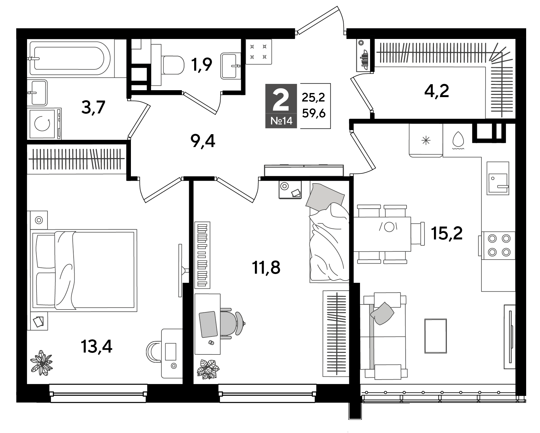 Планировка: 2-комн. квартира 59,6 м²