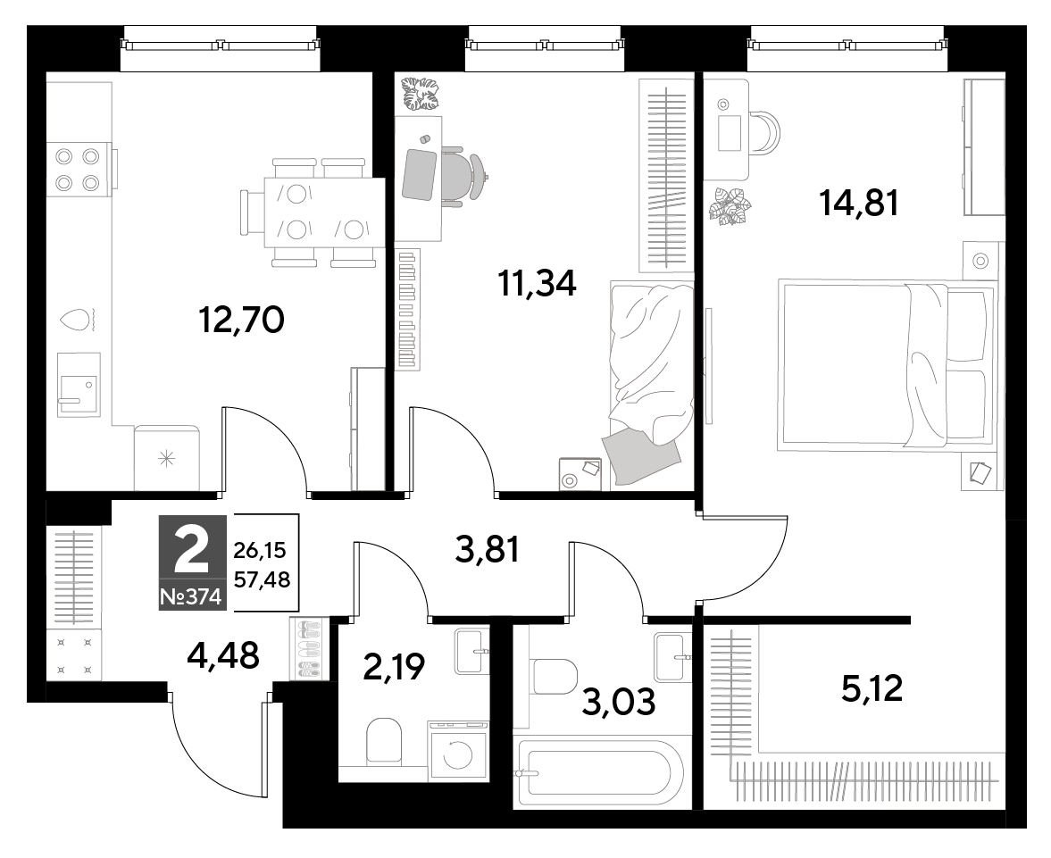 Планировка 2-комнатная 57,48 м²