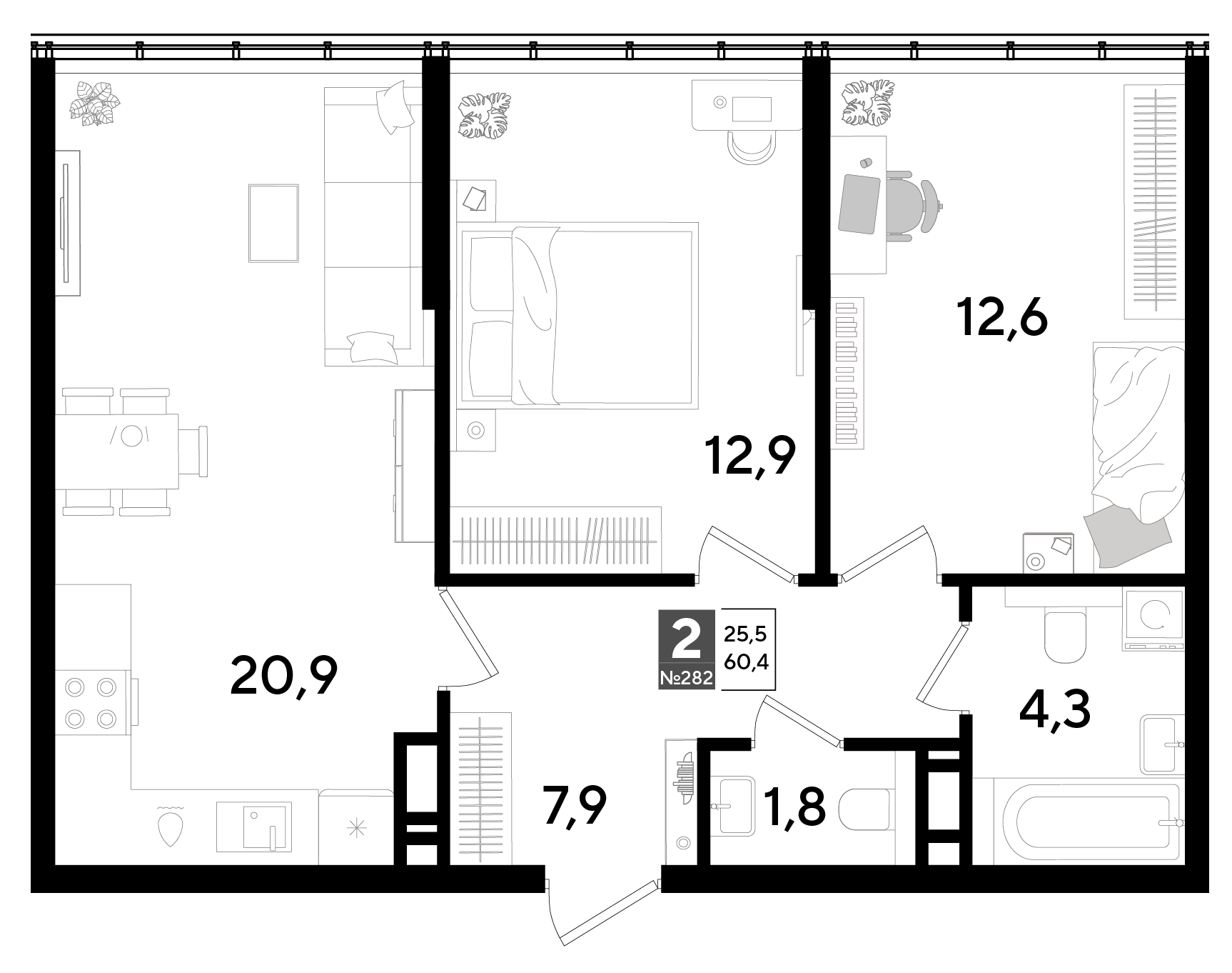 Планировка: 2-комн. квартира 60,4 м²