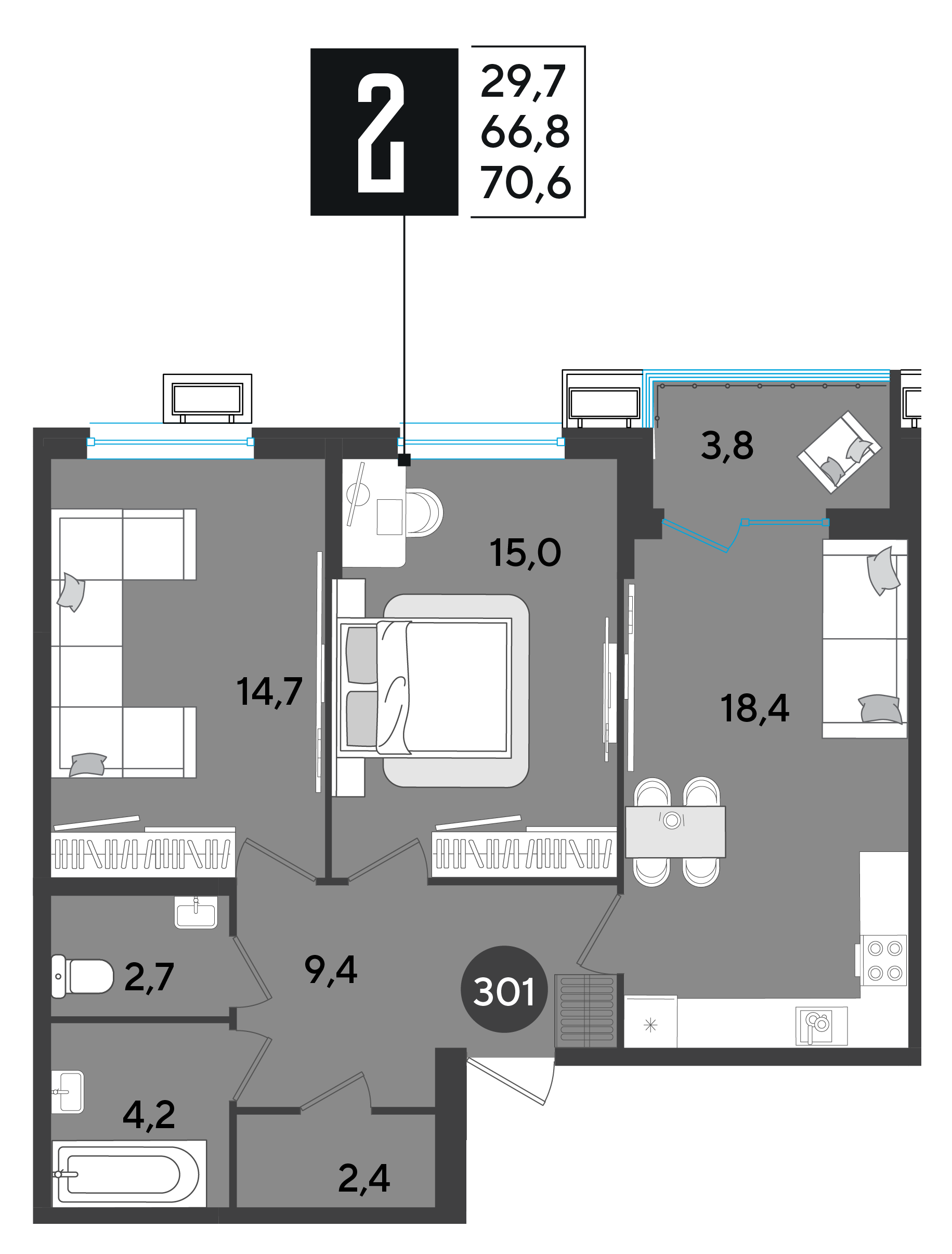 Планировка: 2-комн. квартира 70,6 м²