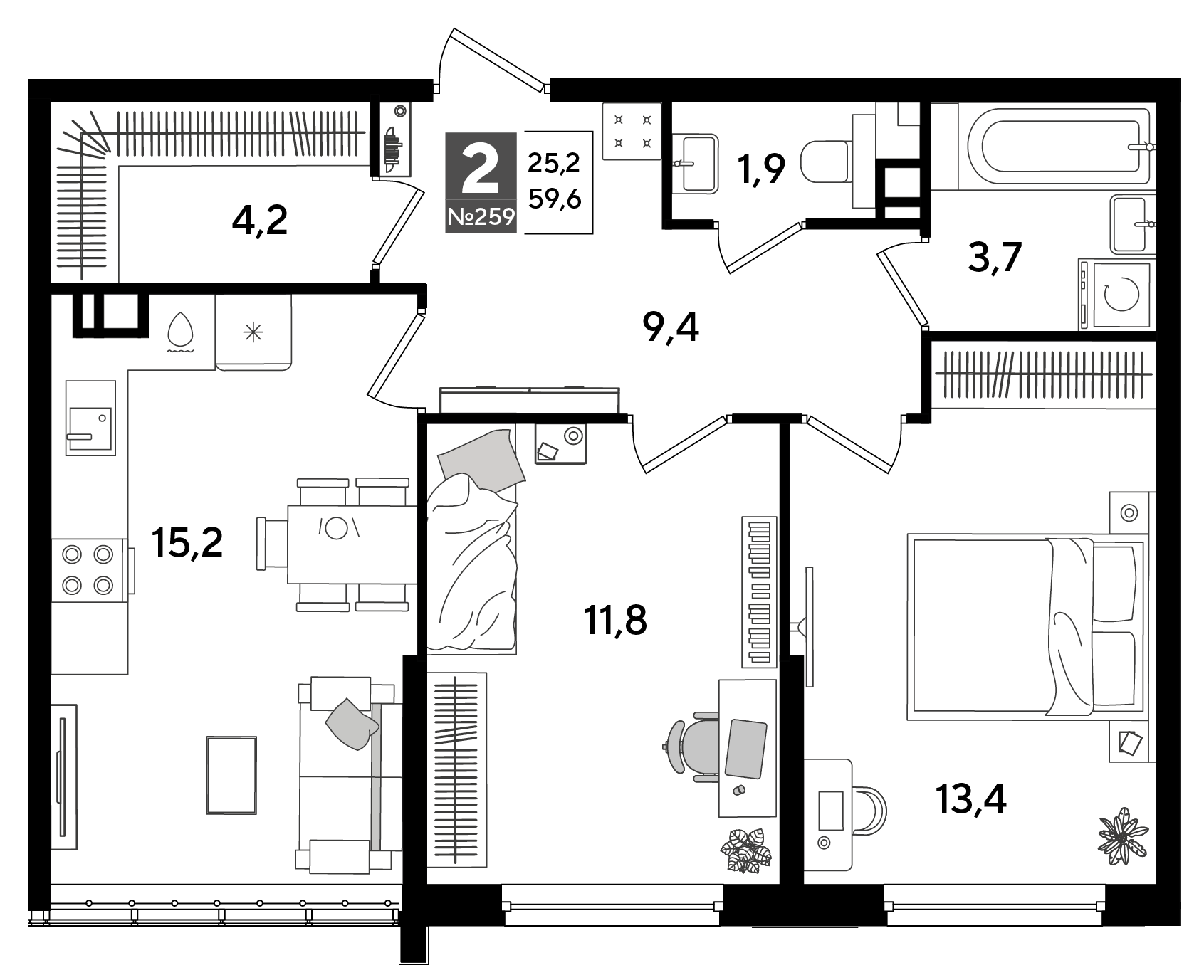 Планировка: 2-комн. квартира 59,6 м²