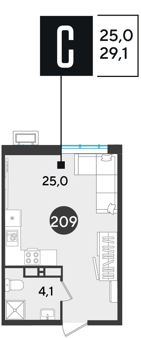 Планировка: Студия 29,1 м²
