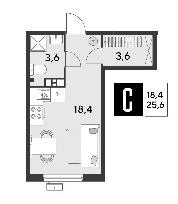 Планировка: Студия 25,6 м²
