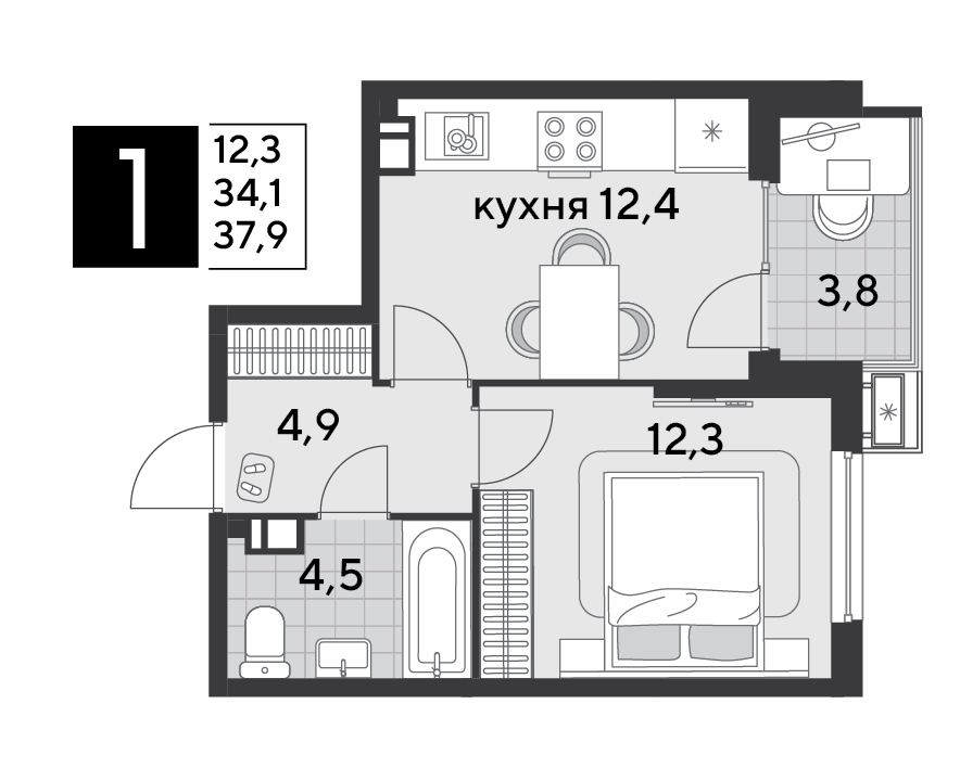 Планировка: 1-комн. квартира 37,9 м²