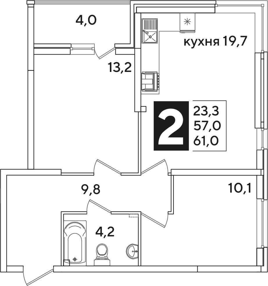 Планировка: 2-комн. квартира 61 м²