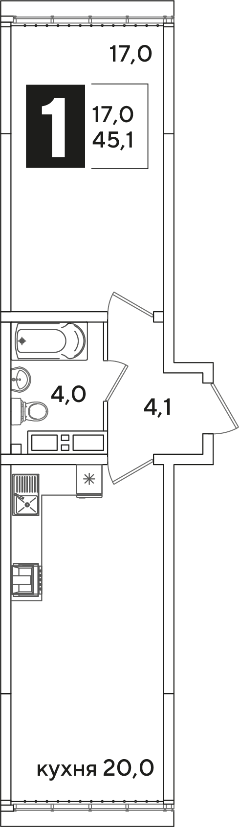 Планировка 1-комнатная 45,1 м²