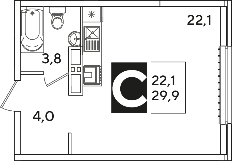 Планировка: Студия 29,9 м²