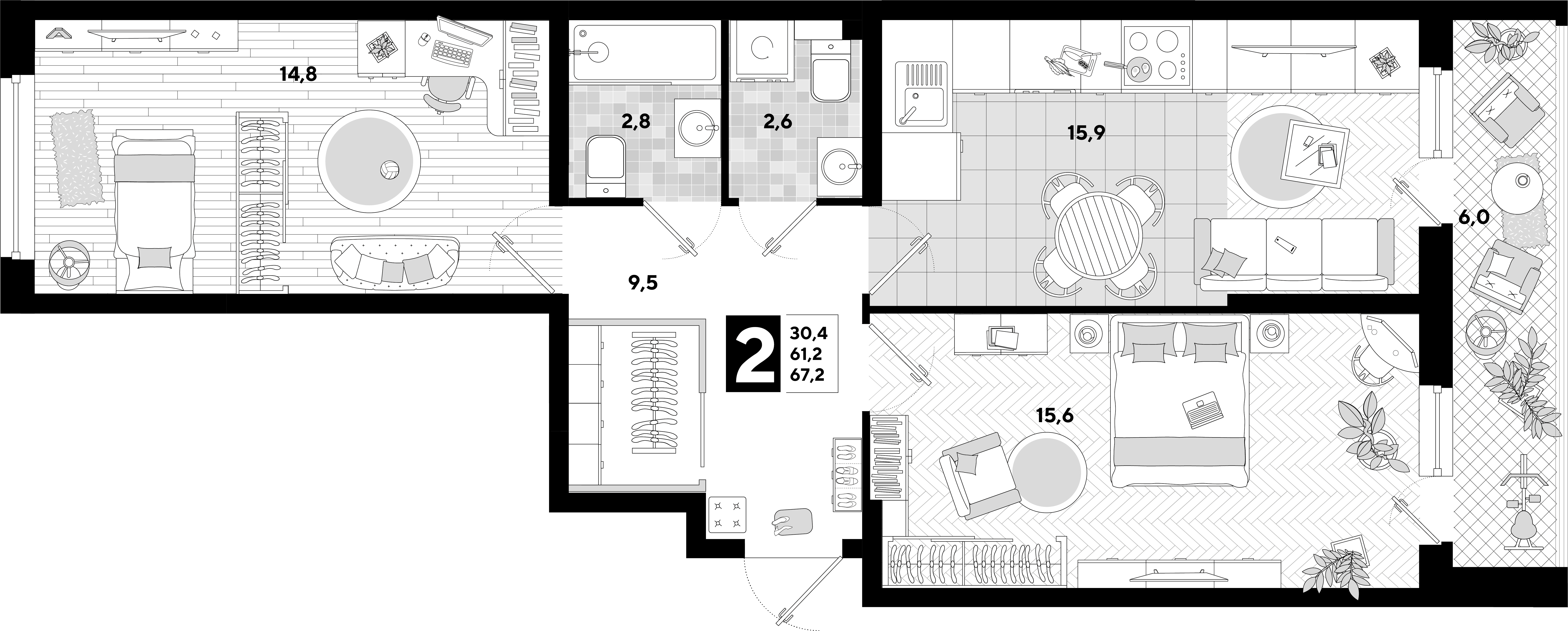 Планировка: 2-комн. квартира 67,2 м²