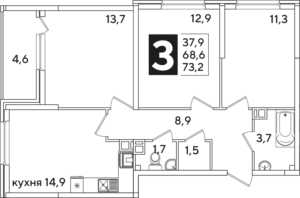 Планировка 3-комнатная 73,2 м²