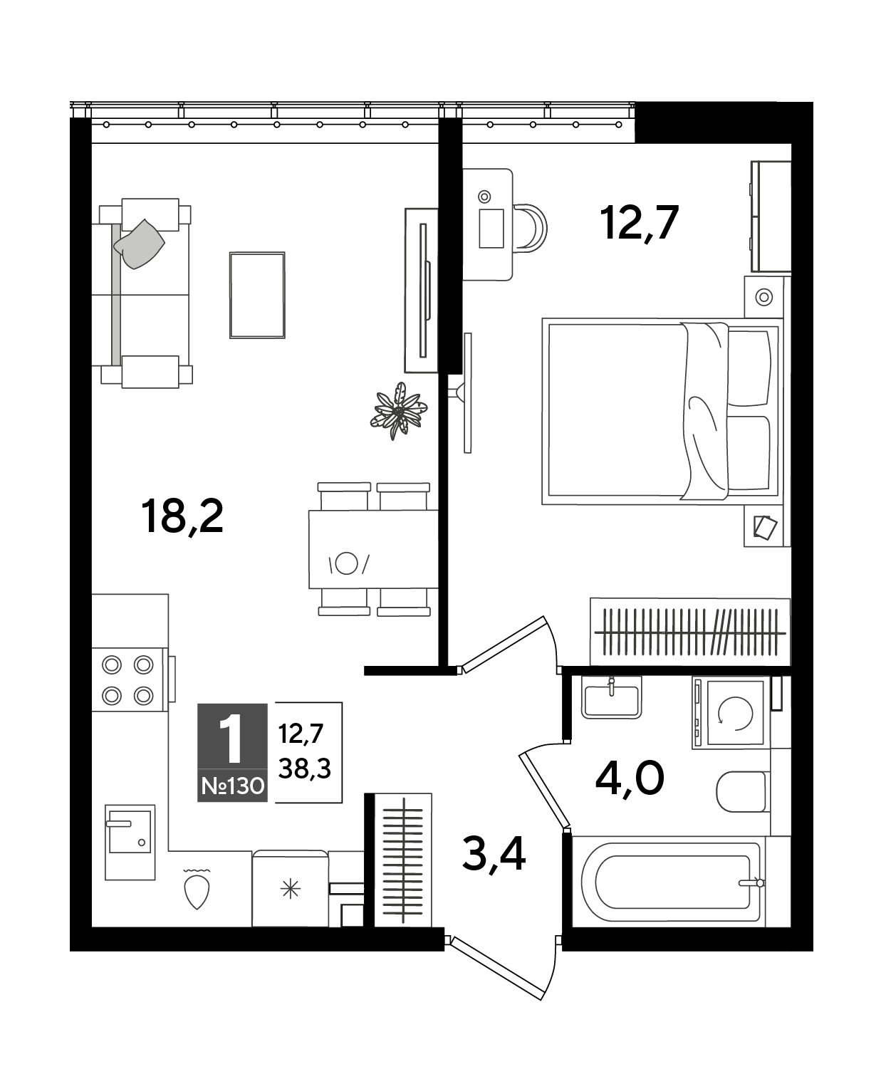 Планировка: 1-комн. квартира 38,3 м²