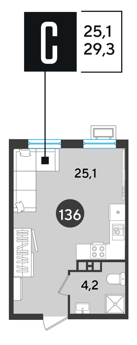 Планировка: Студия 29,3 м²
