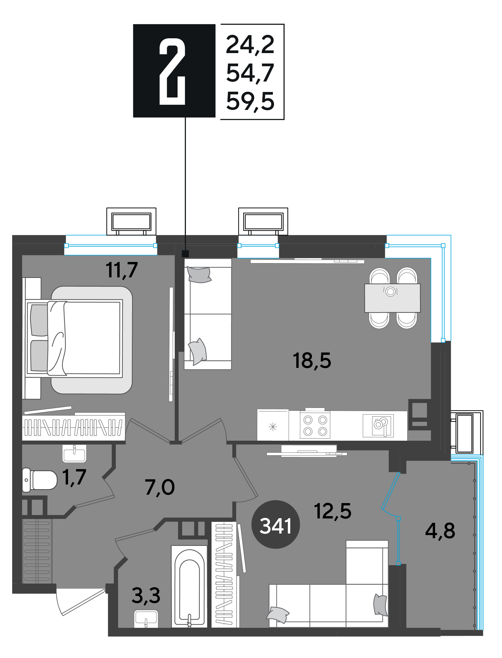 Планировка: 2-комн. квартира 59,5 м²