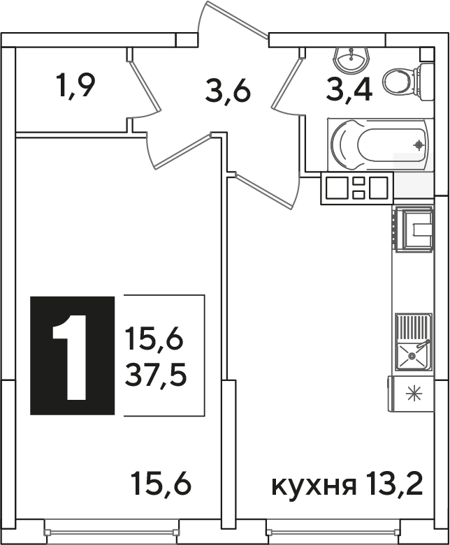 Планировка: 1-комн. квартира 37,5 м²