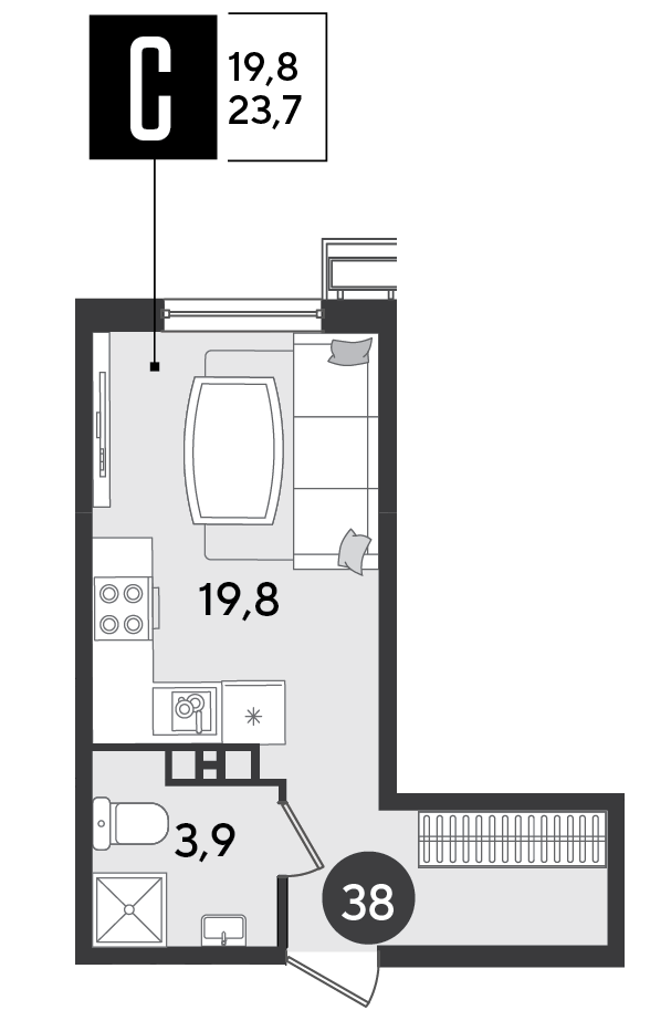 Планировка: Студия 23,7 м²