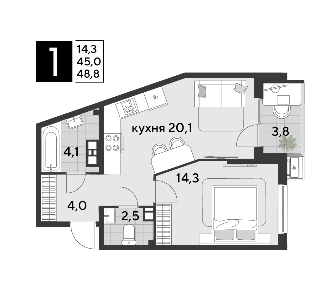 Планировка: 1-комн. квартира 49,5 м²