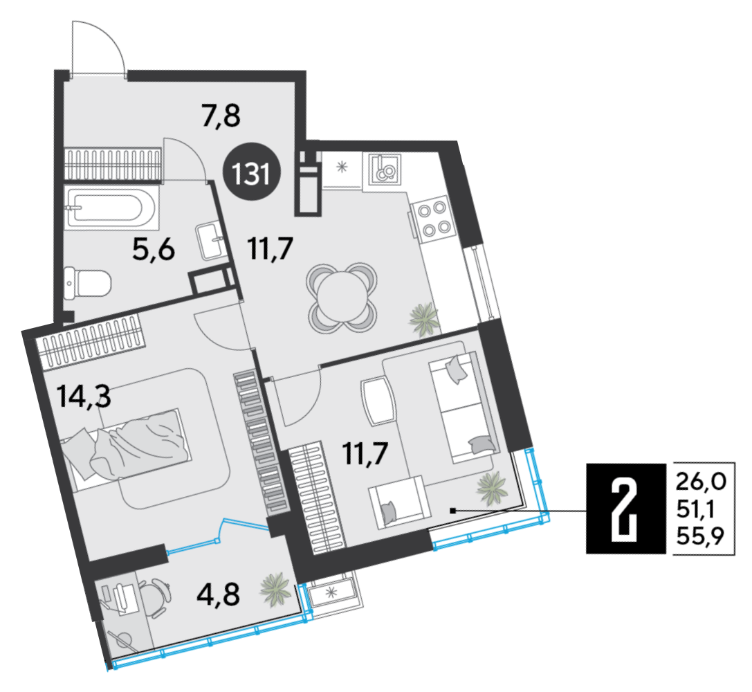 Планировка: 2-комн. квартира 55,9 м²