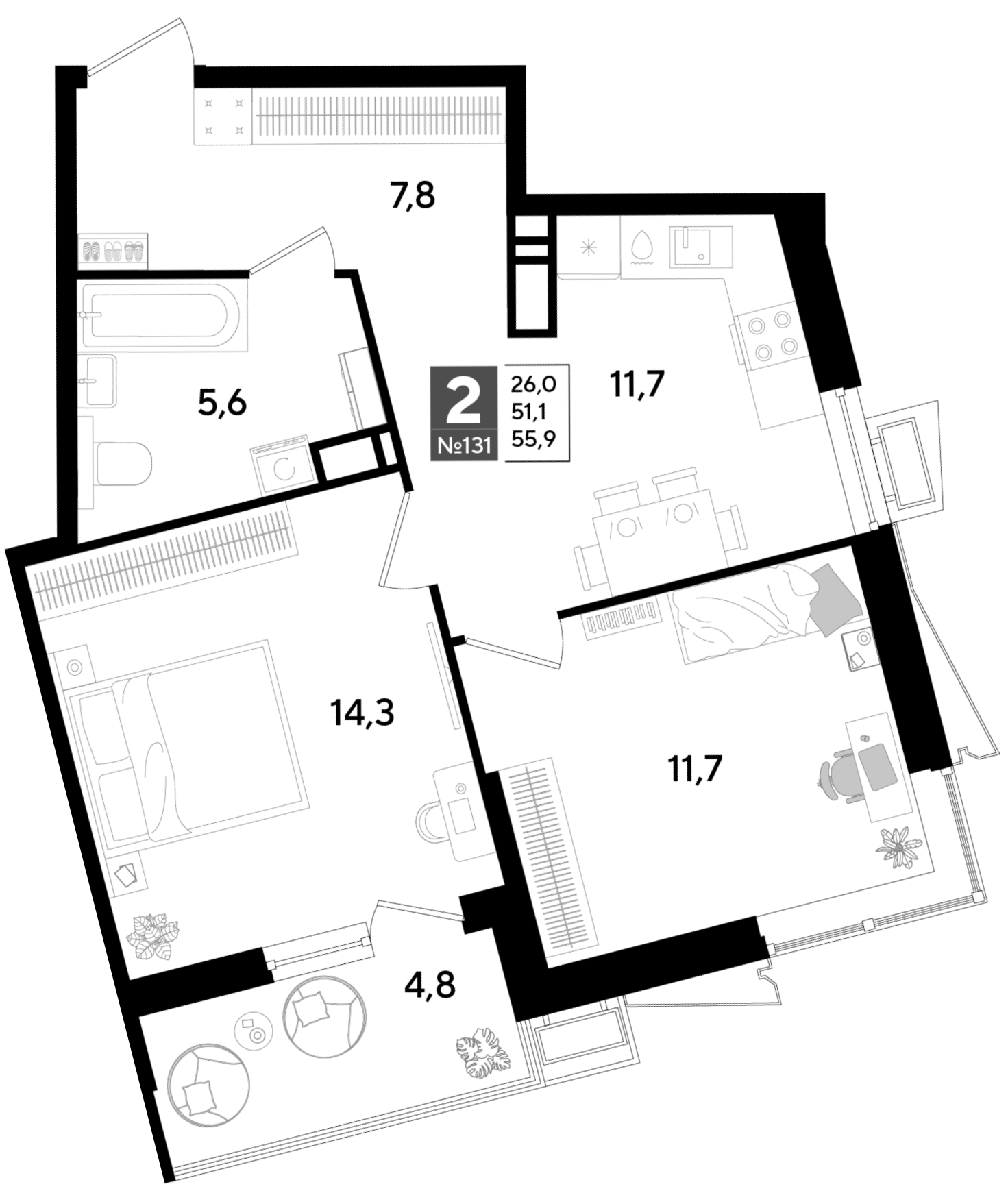 Планировка: 2-комн. квартира 55,9 м²