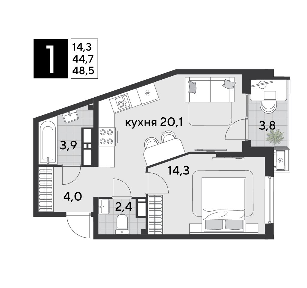 Планировка: 1-комн. квартира 49,1 м²