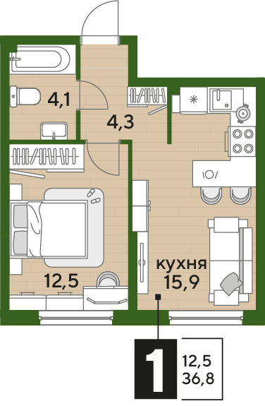 Планировка: 1-комн. квартира 36,8 м²
