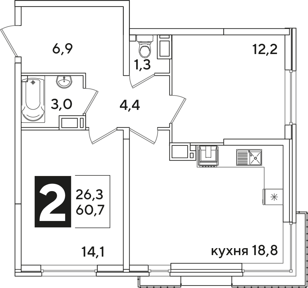 Планировка: 2-комн. квартира 60,7 м²