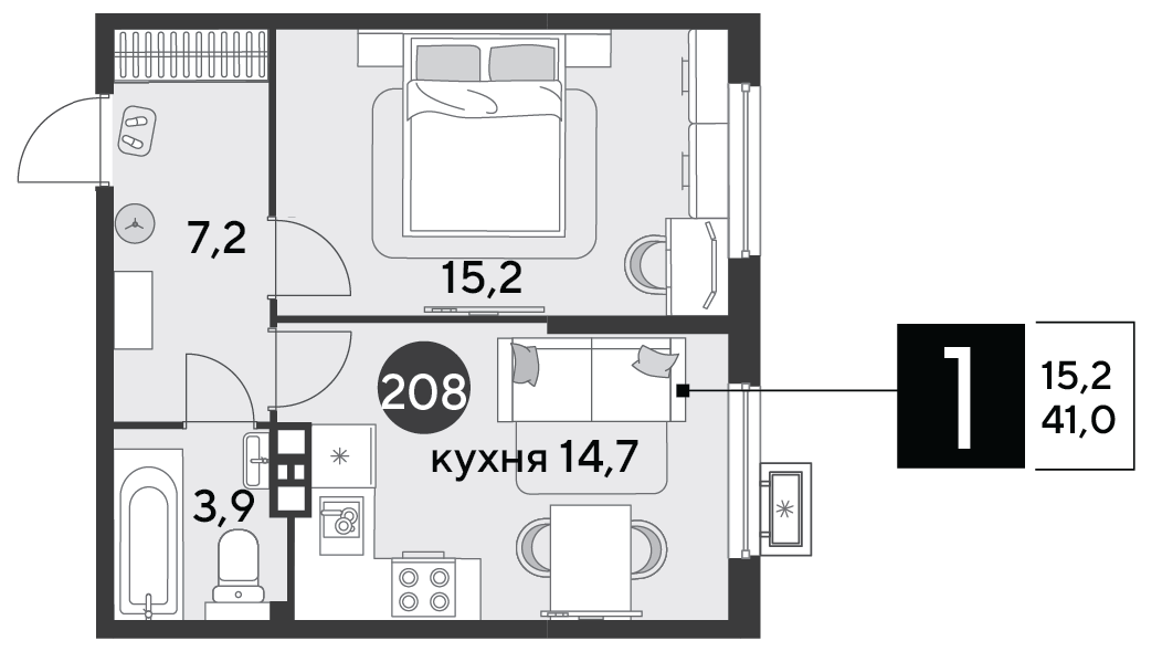 Планировка: 1-комн. квартира 41 м²