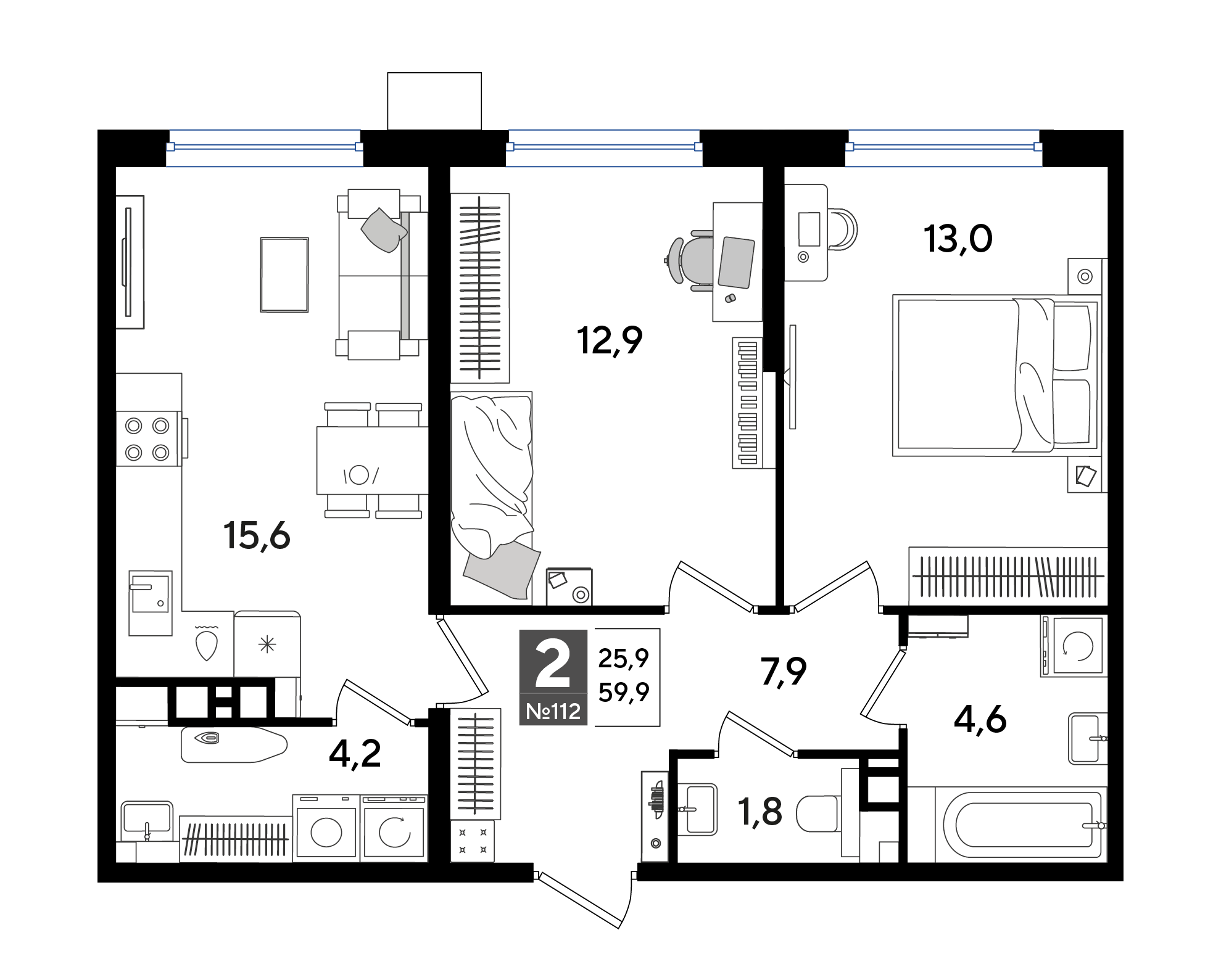 Планировка: 2-комн. квартира 59,9 м²