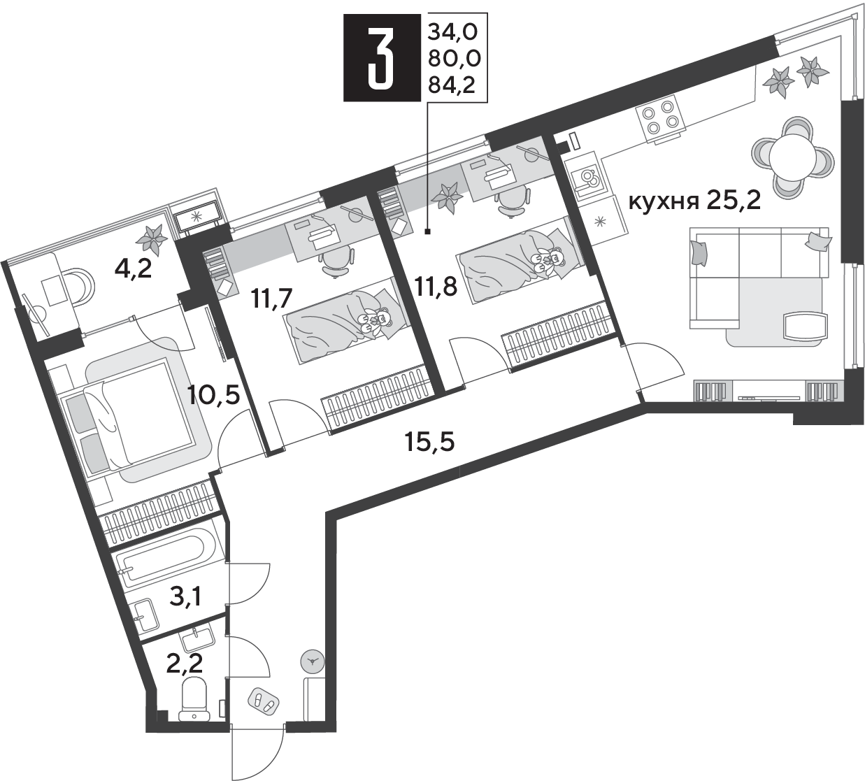 Планировка 3-комнатная 84,2 м²