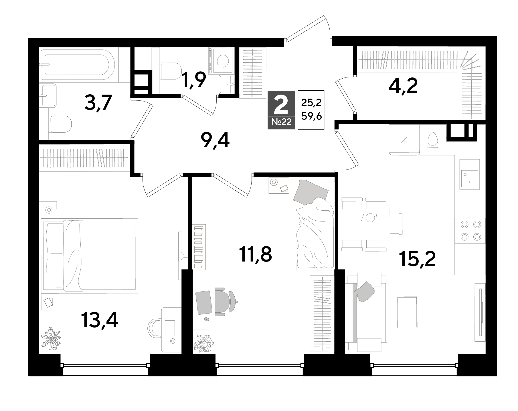 Планировка: 2-комн. квартира 59,6 м²