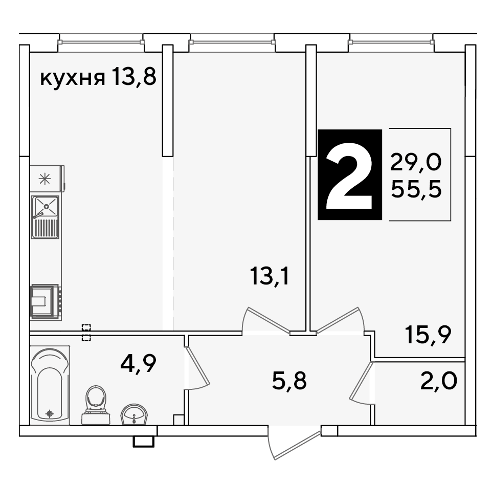 Планировка 2-комнатная 55,5 м²