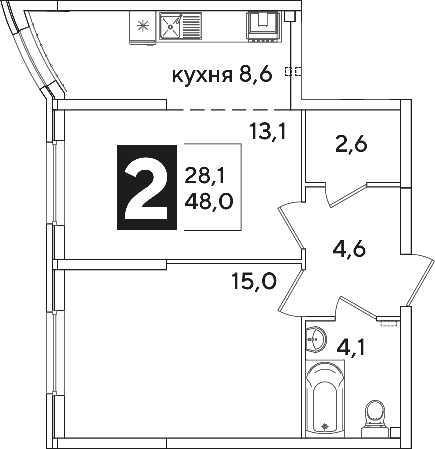 Планировка 2-комнатная 48 м²