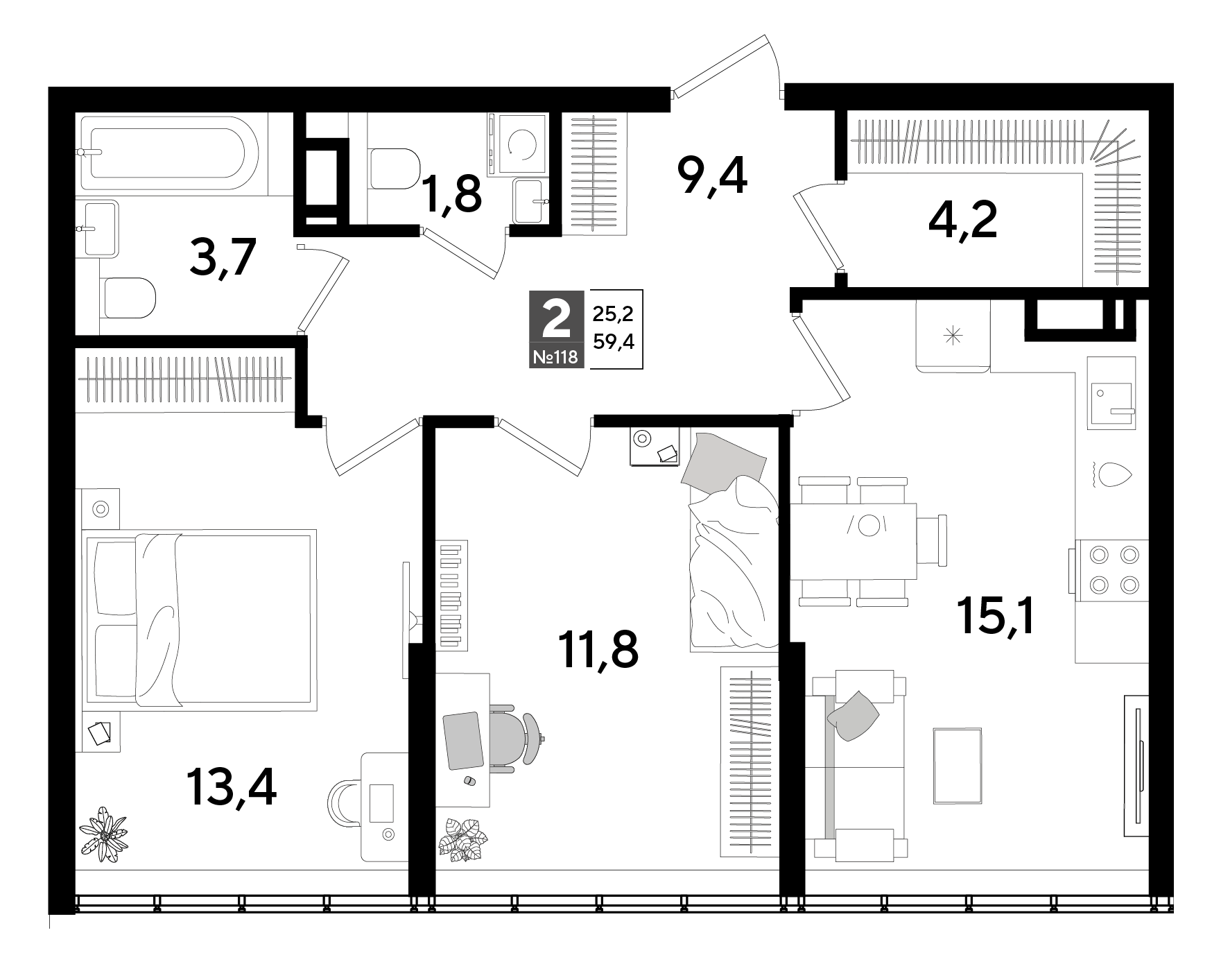Планировка: 2-комн. квартира 59,4 м²