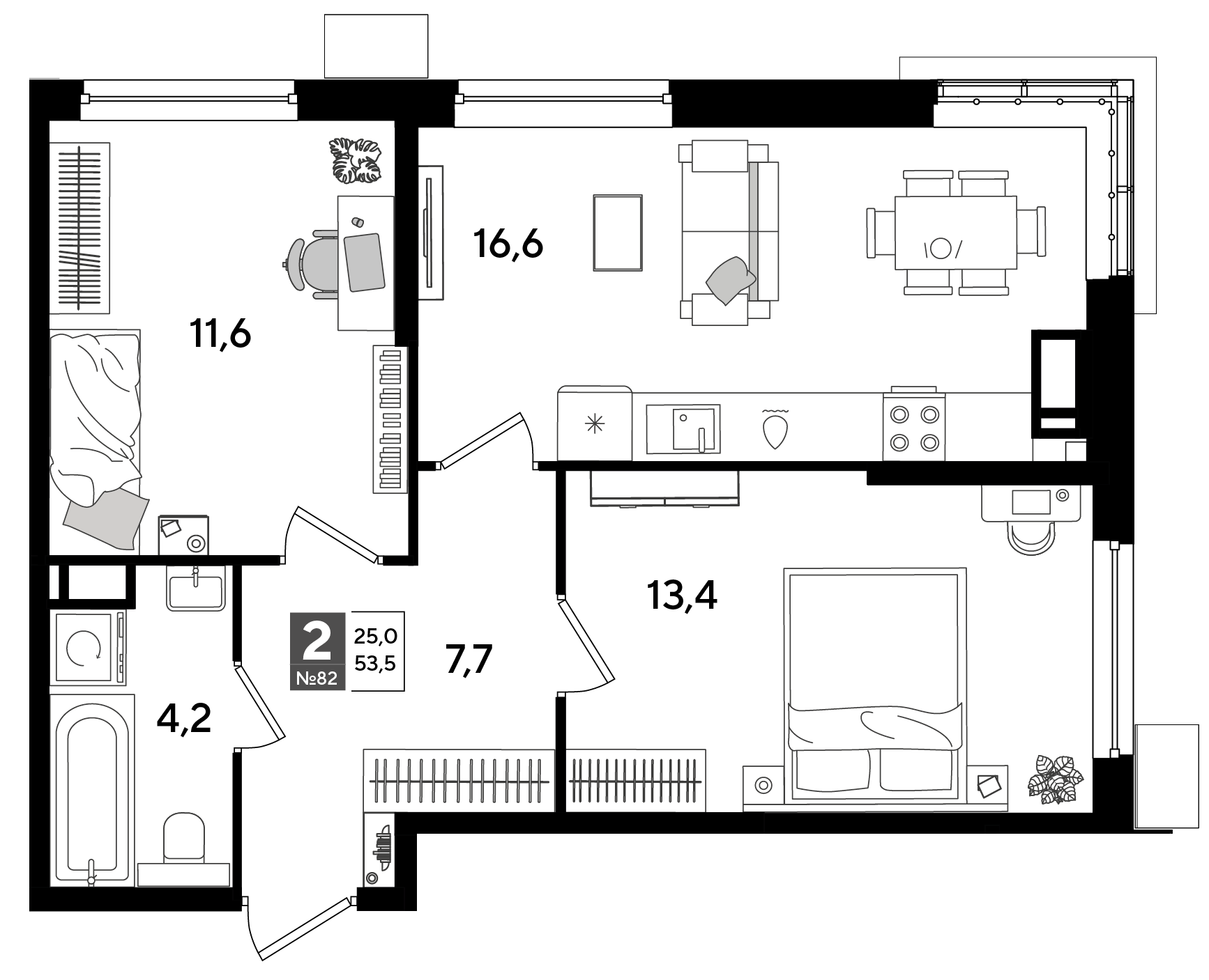 Планировка: 2-комн. квартира 53,5 м²