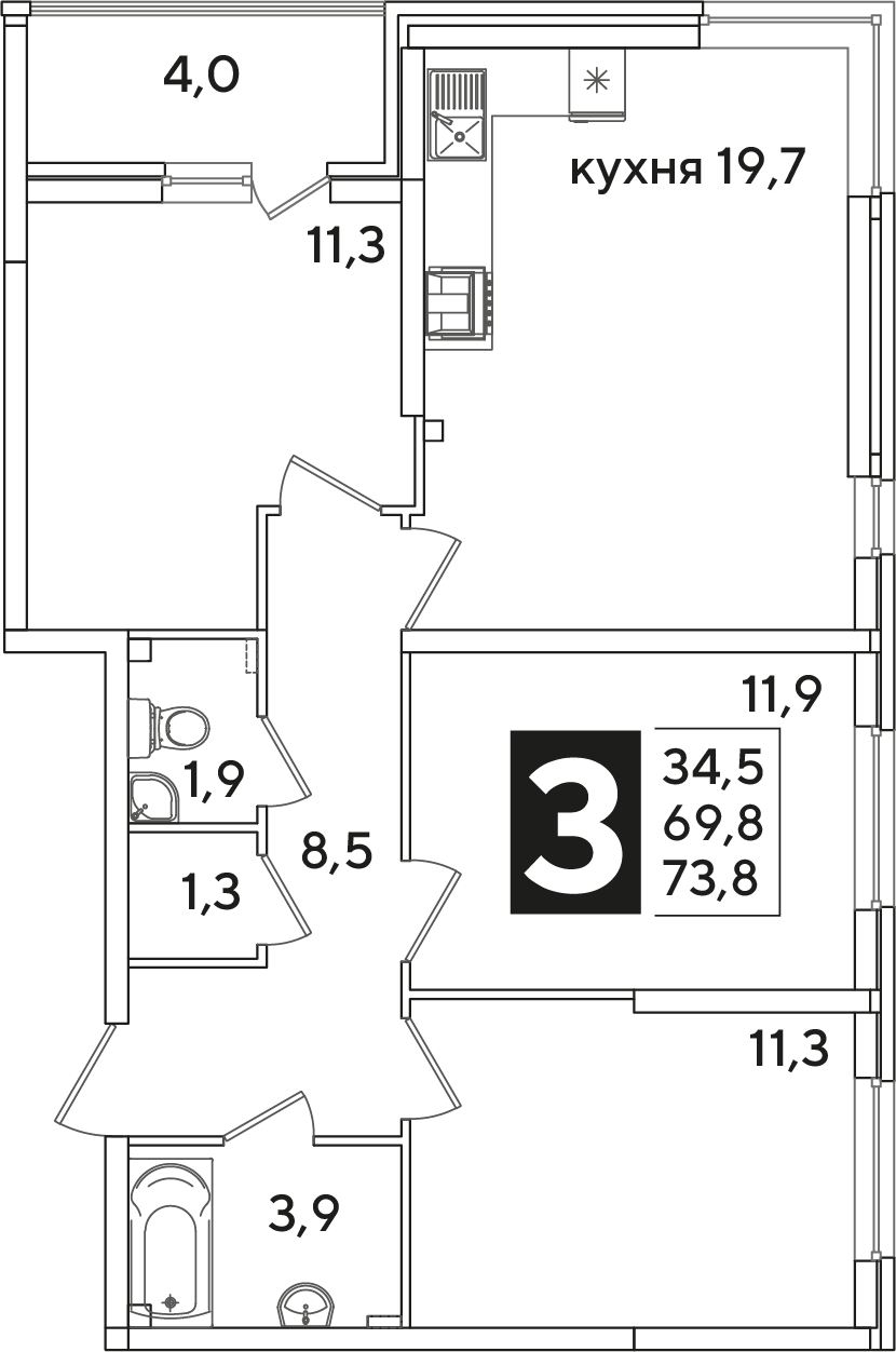 Планировка: 3-комн. квартира 73,8 м²