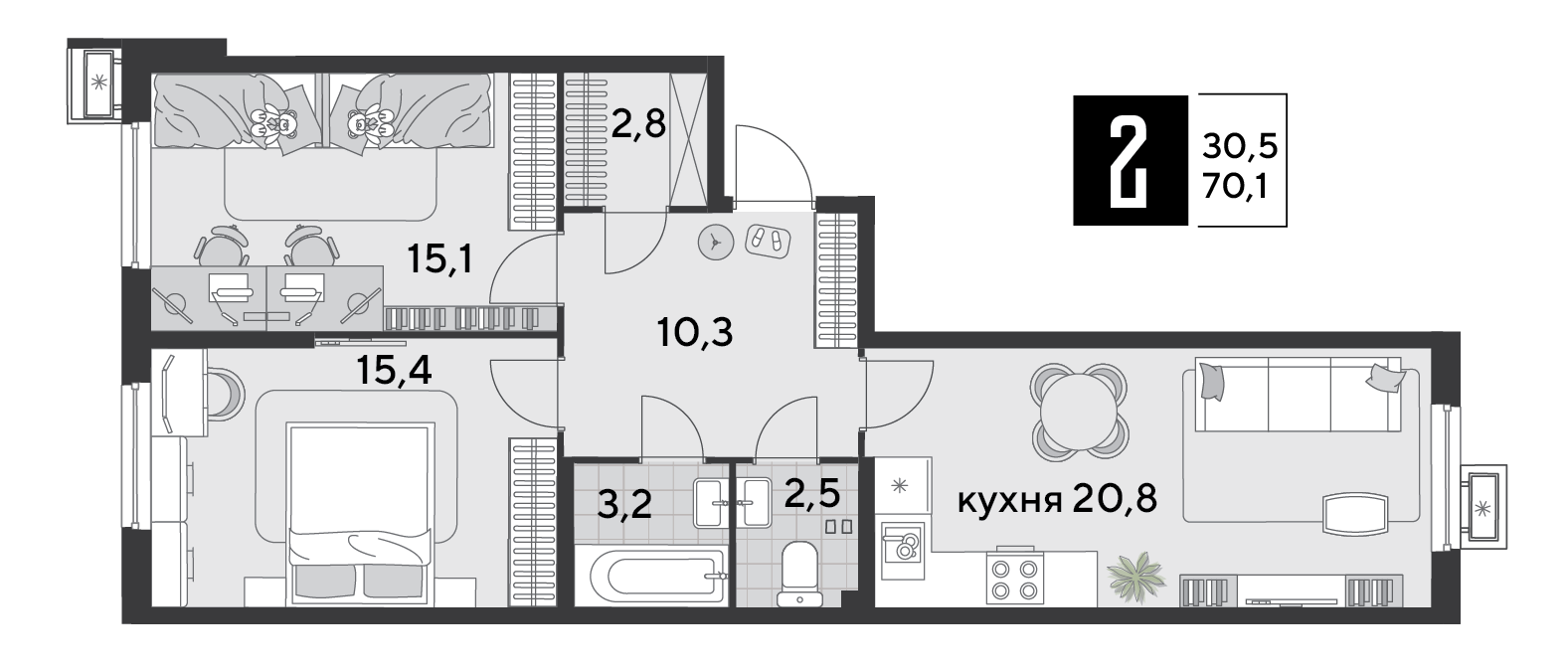 Планировка: 2-комн. квартира 70,2 м²