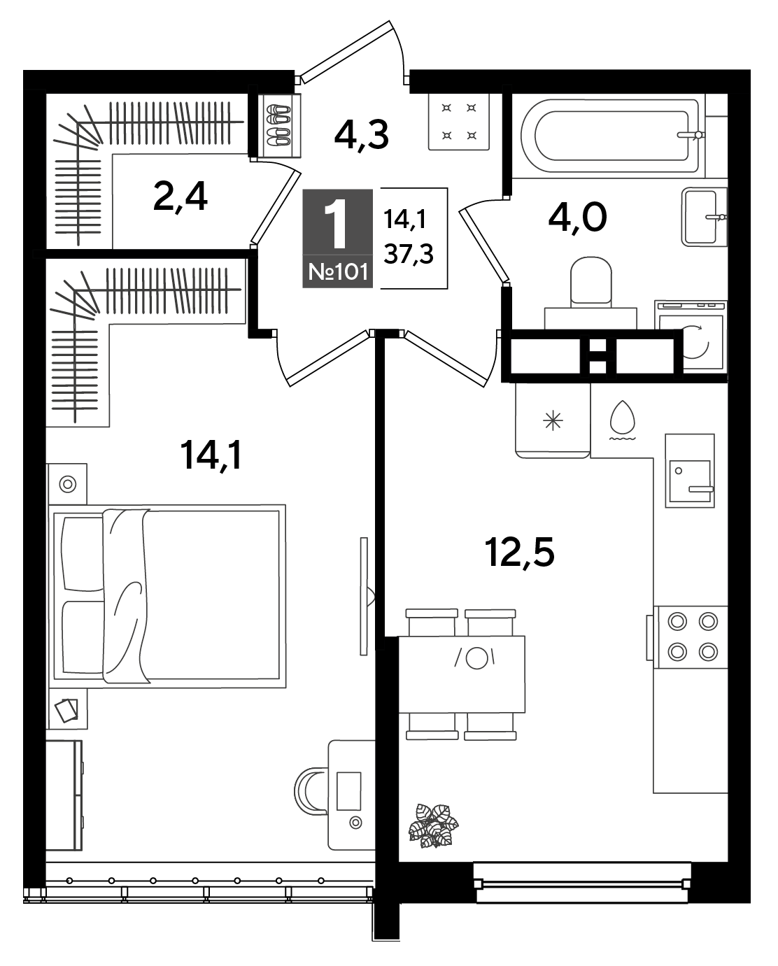 Планировка: 1-комн. квартира 37,3 м²