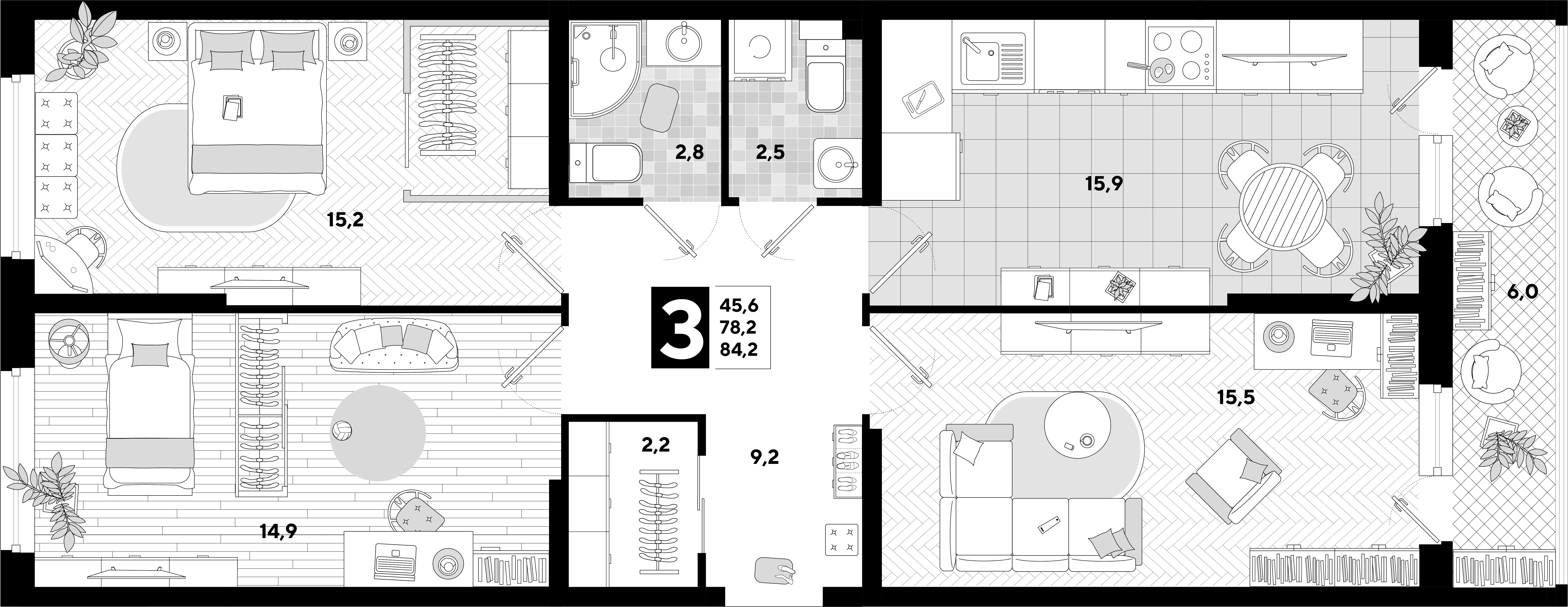 Планировка 3-комнатная 84,2 м²