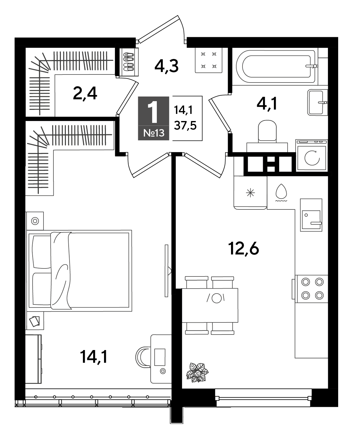 Планировка: 1-комн. квартира 37,5 м²