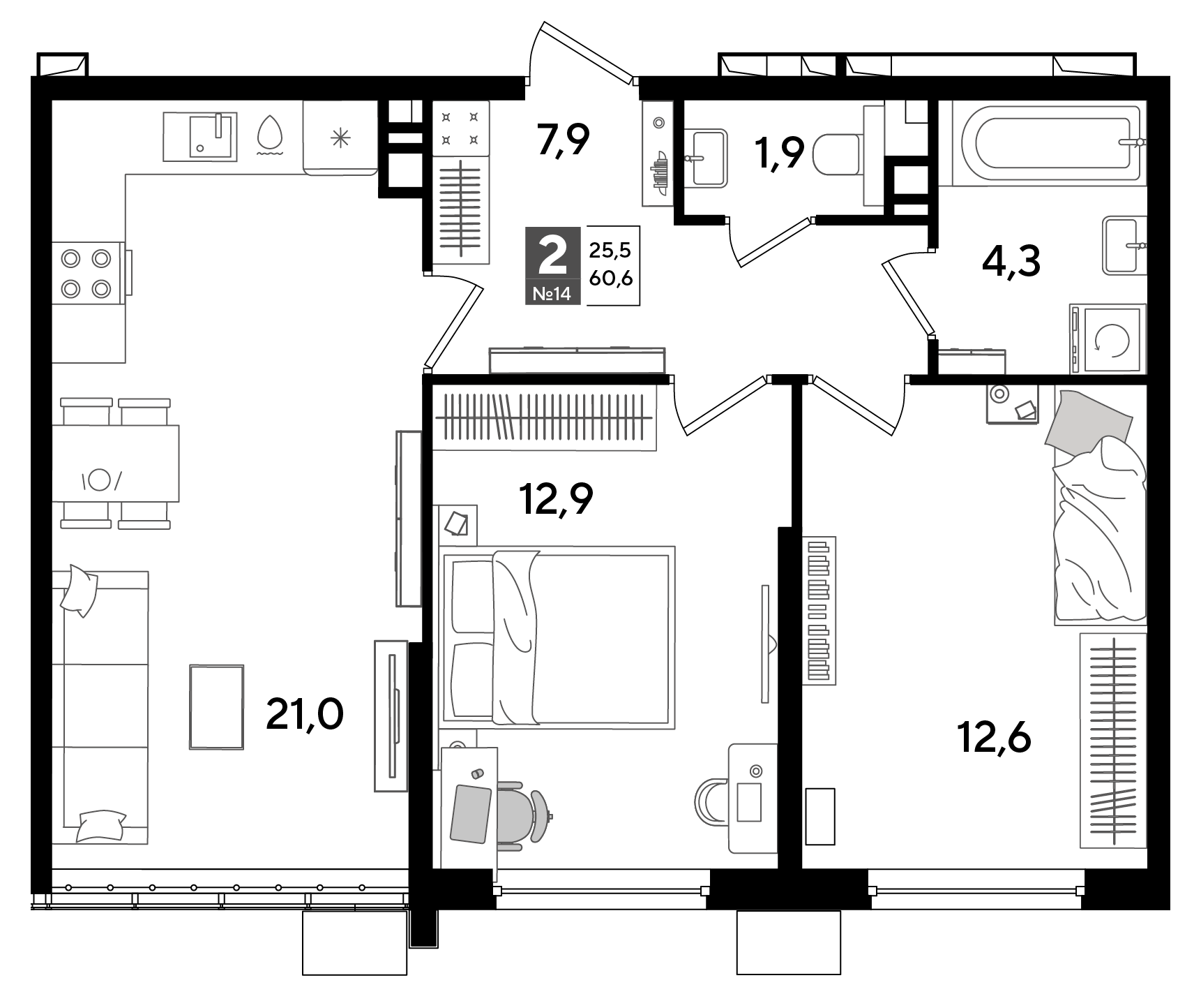Планировка: 2-комн. квартира 60,6 м²
