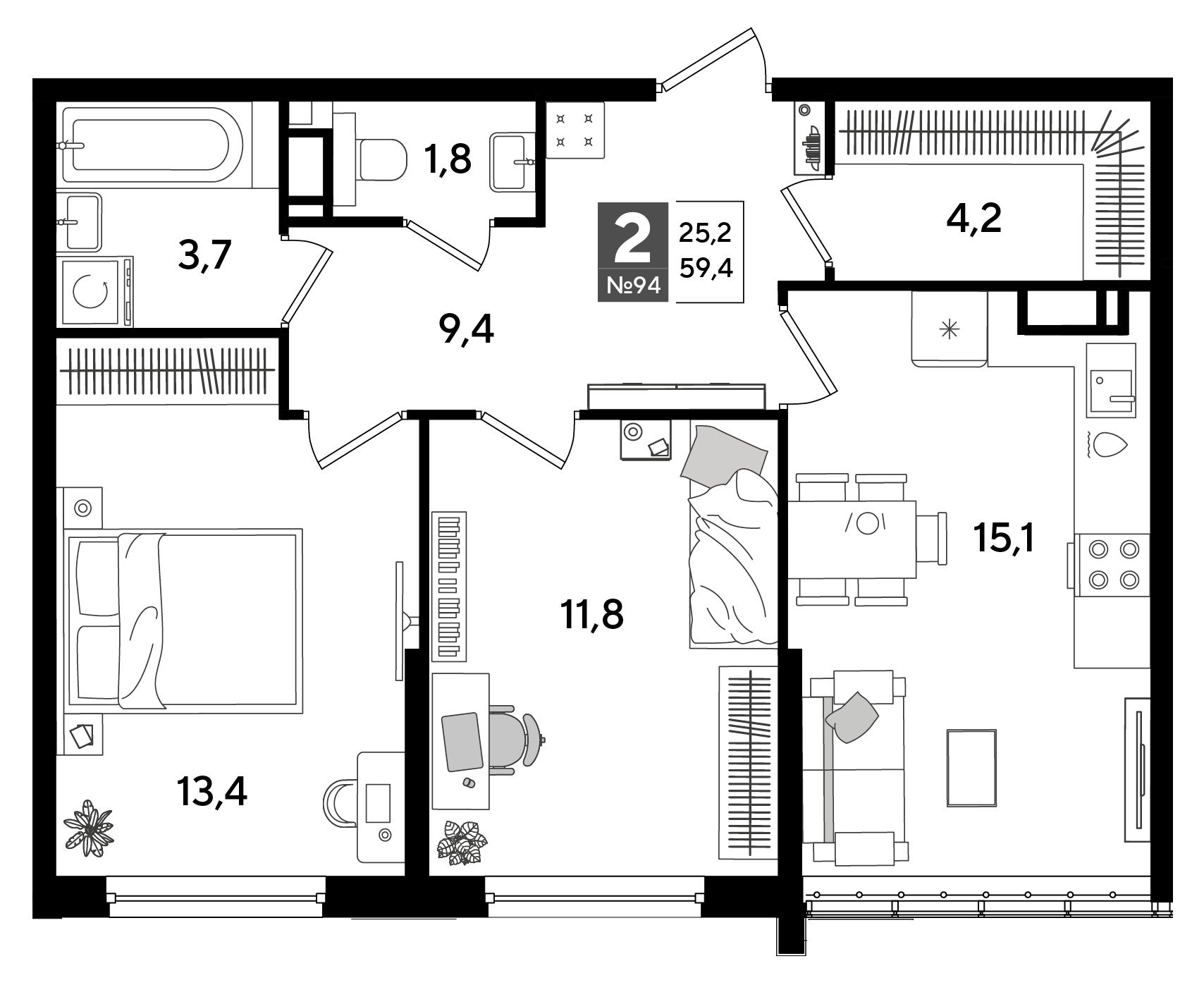 Планировка: 2-комн. квартира 59,4 м²