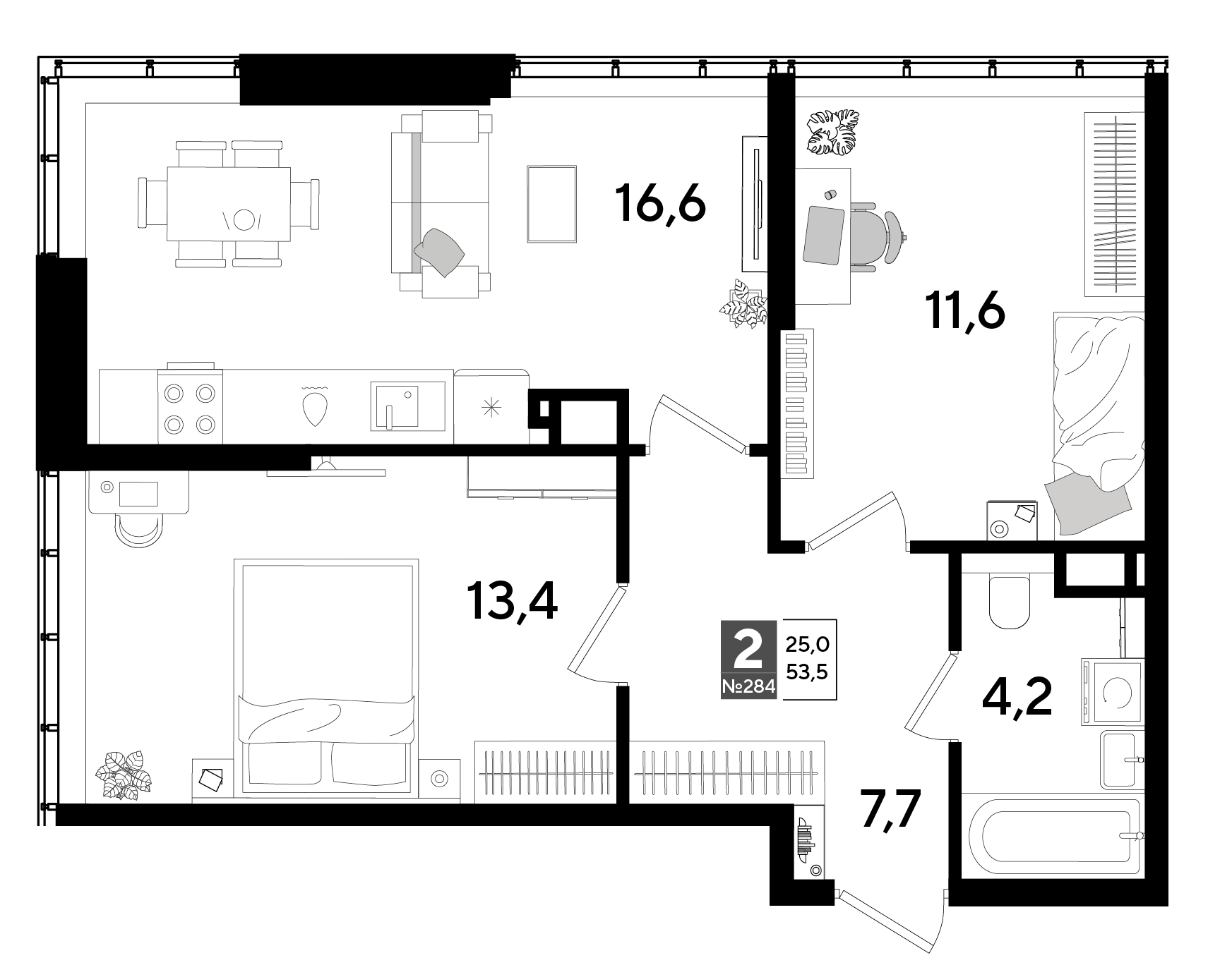Планировка: 2-комн. квартира 53,5 м²