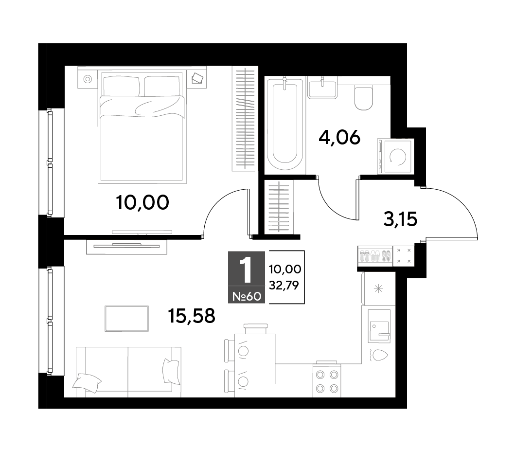 Планировка 1-комнатная 32,79 м²