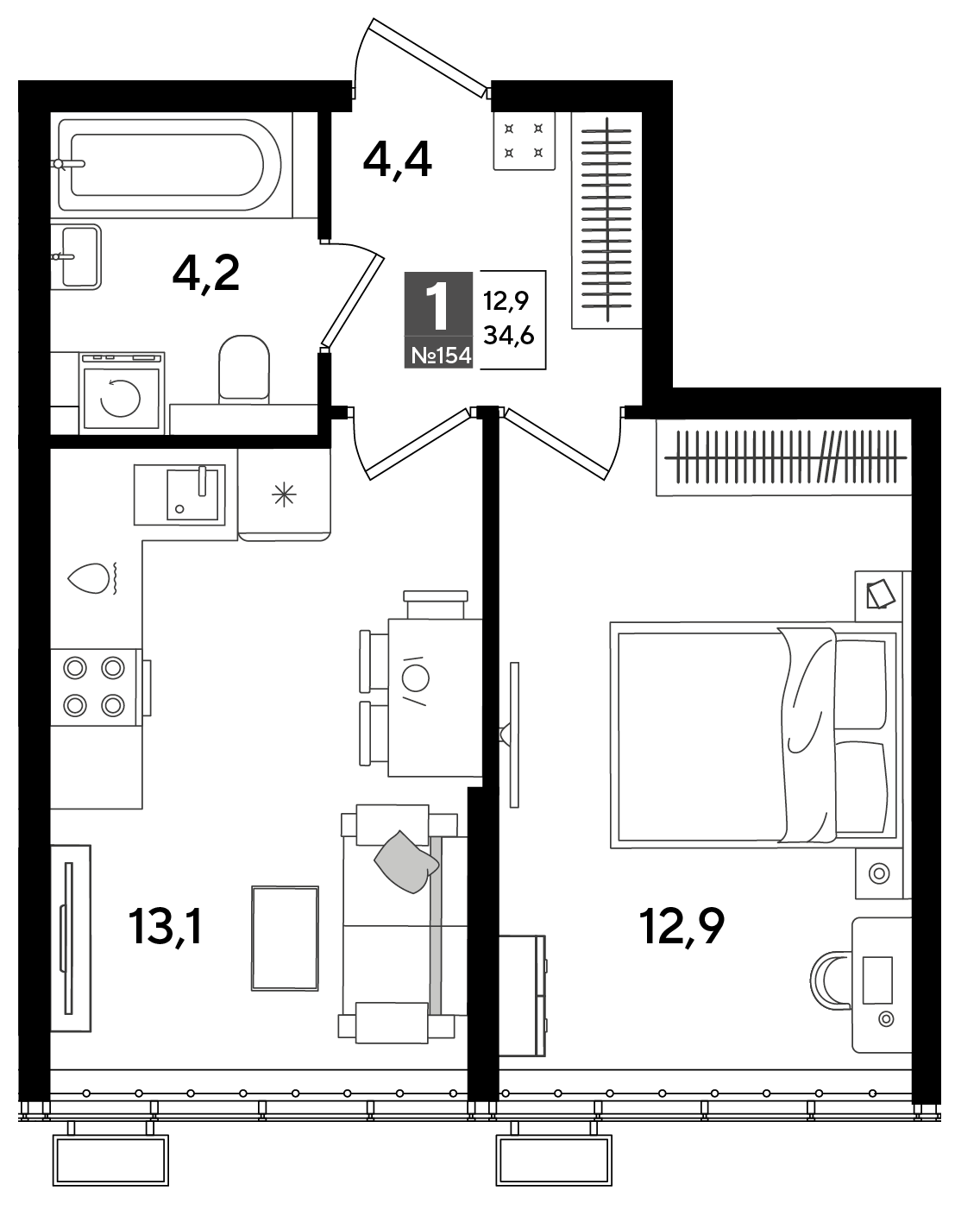 Планировка: 1-комн. квартира 34,6 м²