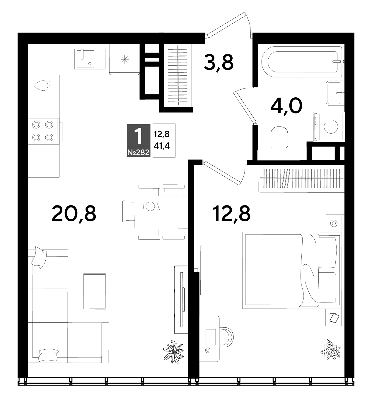 Планировка: 1-комн. квартира 41,4 м²