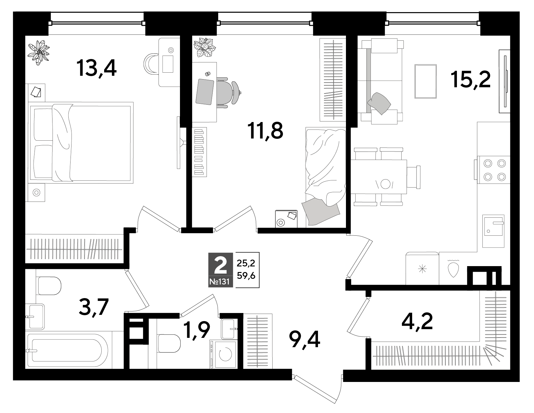 Планировка 2-комнатная 59,6 м²